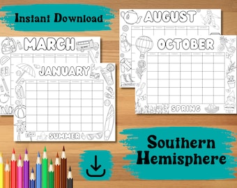Southern Hemisphere Printable Coloring Calendar, Desk Calendar