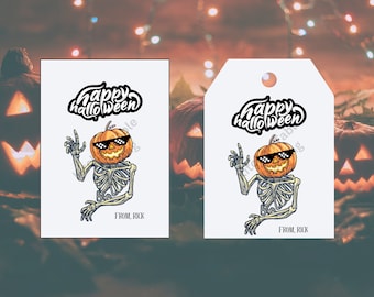 Editable Halloween Gift Bag Tags and Labels for Goodie bags or trick or treat pumpkin head skeleton