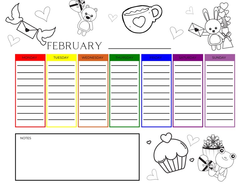 Printable Coloring Calendar for Kids Kids Weekly Calendar Etsy Canada