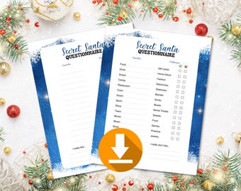 Printable Secret Santa Questionnaire PDF | Blue Snowflake Gift Exchange Template | Holiday Party Idea for Office, Family, or Friends