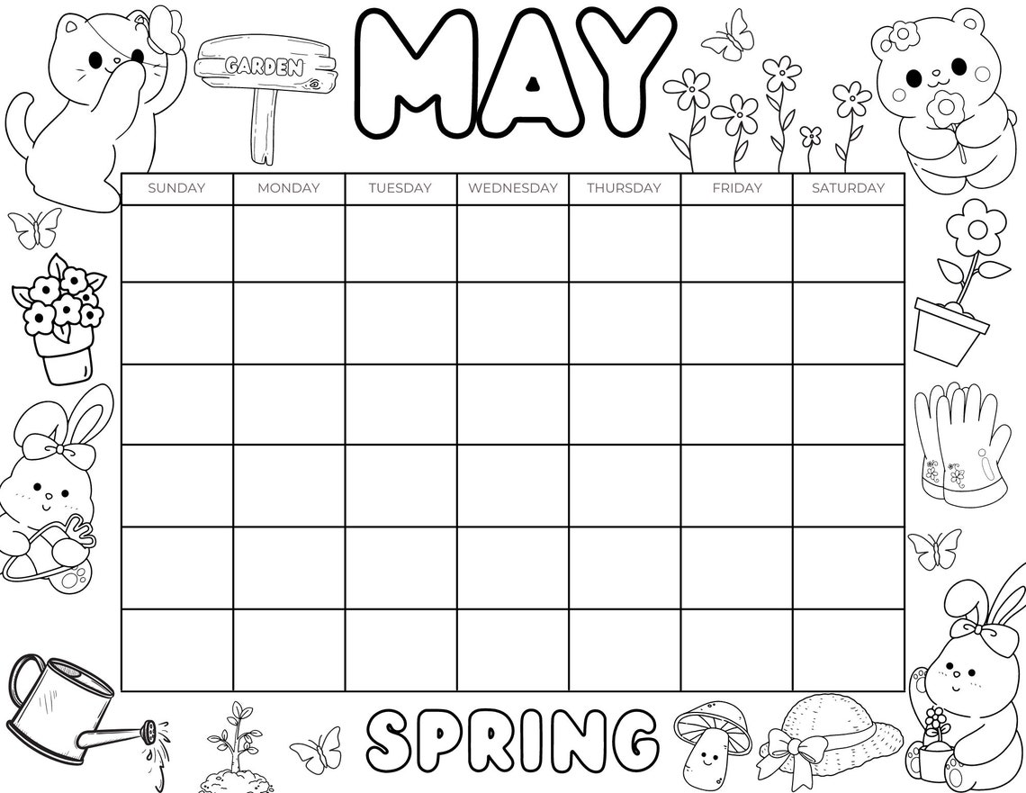 Cute Printable Coloring Calendar for Kids, Cute Kids Calendar, Cute ...