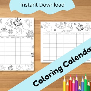 Printable 12-Month Coloring Calendar for Kids, Fun Themed Designs, Vertical and Horizontal Versions, Perfect for Countdown or Event Tracking