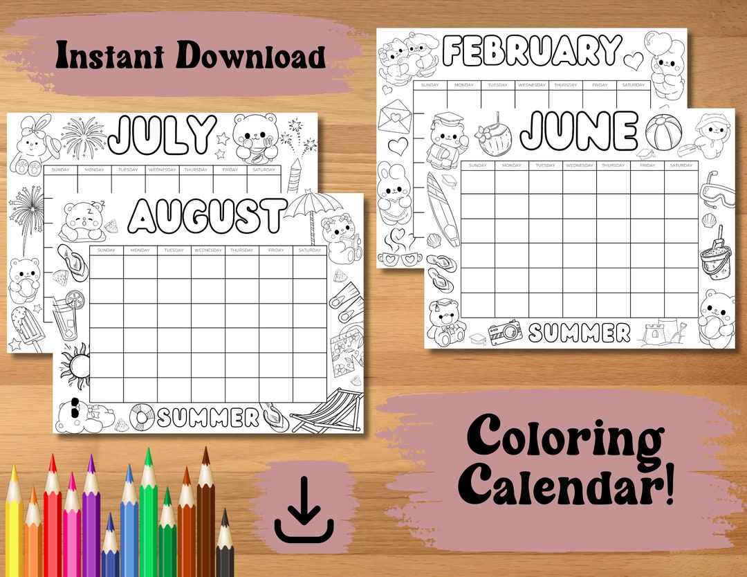 Cute Printable Coloring Calendar for Kids, Cute Kids Calendar, Cute ...