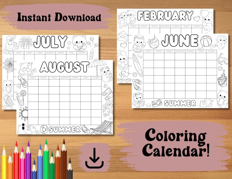 Cute Printable Coloring Calendar for Kids, Cute Kids Calendar, Cute ...