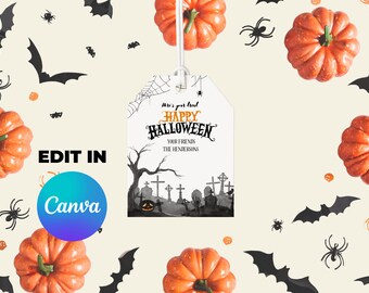 Editable Halloween Gift Bag Tags and Labels for Goodie bags or trick or treat spooky cemetery