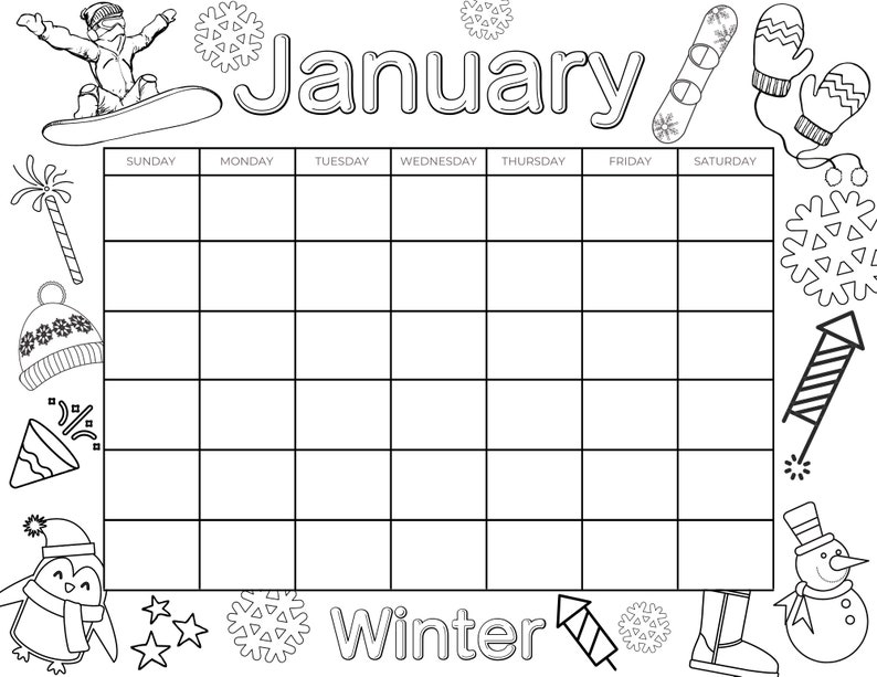 Printable Coloring Calendar for Kids Kids Calendar Printable | Etsy Canada