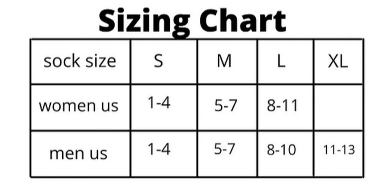 May include: Sizing chart for socks, showing shoe sizes for women and men in US sizes. Small size corresponds to women's shoe sizes 1-4 and men's shoe sizes 1-4. Medium size corresponds to women's shoe sizes 5-7 and men's shoe sizes 5-7. Large size corresponds to women's shoe sizes 8-11 and men's shoe sizes 8-10. Extra large size corresponds to men's shoe sizes 11-13.