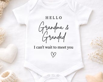 Hello Grandma & Grandad Baby Grow – Unisex Pregnancy Announcement Outfit, Gift for Grandparents