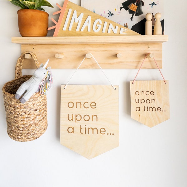 Once Upon A Time Wood Hanging Sign, Nursery Decor, Modern Kids Room, Nursery Pennant Banner, Boho Scandi Modern Kids Wall Art