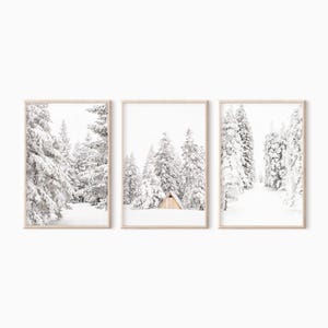 May include: A triptych of three vertical framed prints featuring a winter landscape. Each print displays snow-covered evergreen trees and a white, snowy ground. The center print includes a small, light-colored wooden A-frame cabin nestled in the trees.