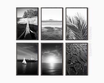 Beach Wall Art Set mit 6 Drucken | Schwarzweiß Küsten Fotografie | Poster Ozean | Gedruckte Kunst