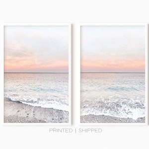 Conjunto de 2 impresiones de playa / Arte mural oceánico / Atardecer sobre el océano / Impresión de playa pastel / Impresión de olas del océano / Conjunto de impresiones de playa / Conjunto de póster impreso