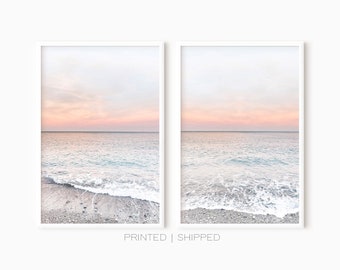 Beach Set Of 2 Prints | Ocean Wall Art | Sunset Over Ocean | Pastel Beach Print | Ocean Waves Print | Beach Print Set | Printed Poster Set
