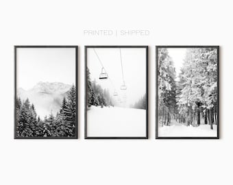 Winter Set Of 3 Prints | Black And White Photography | Winter Wall Art | Snow Covered Trees | Ski Lift Art | Snowy Mountain | Christmas Art