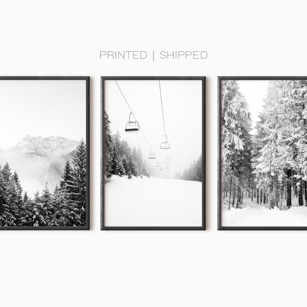 Lot de 3 impressions hiver | Photographie en noir et blanc | Art mural hiver | Arbres couverts de neige | Art des remontées mécaniques | Montagne enneigée | Art de Noël