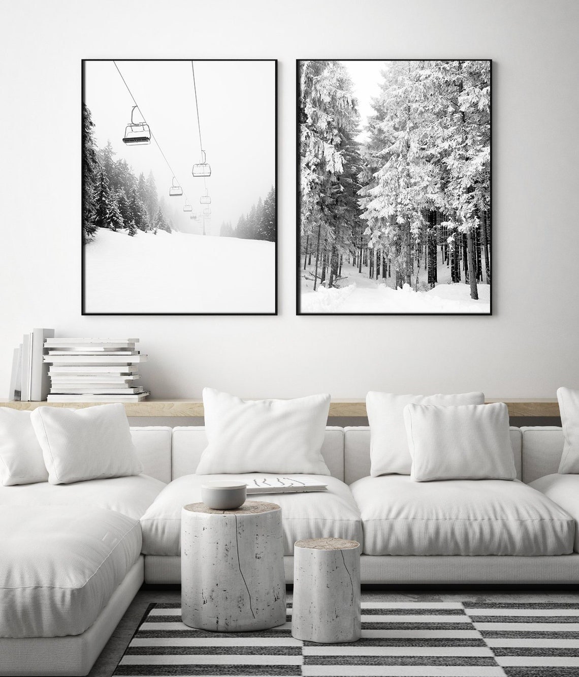 Ski Art Set of 2 Prints | Two Piece Wall Art | Black and White Winter ...