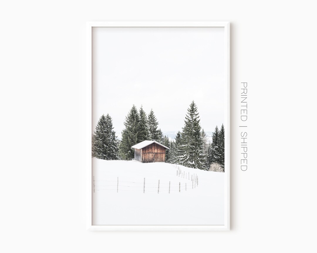 Winter Mountain Landscape | Snow Log Cabin Poster | Rustic Christmas ...