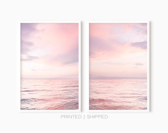 Ocean Wall Art Set Of 2 Prints | Coastal Print Set | Blush Pink Beach Landscape | Pink Ocean Sunset | Seascape Photography