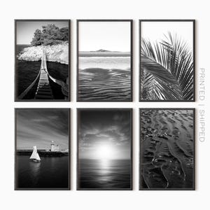 Conjunto de 6 impresiones de arte mural de playa / Fotografía costera en blanco y negro / Póster del océano / Arte impreso
