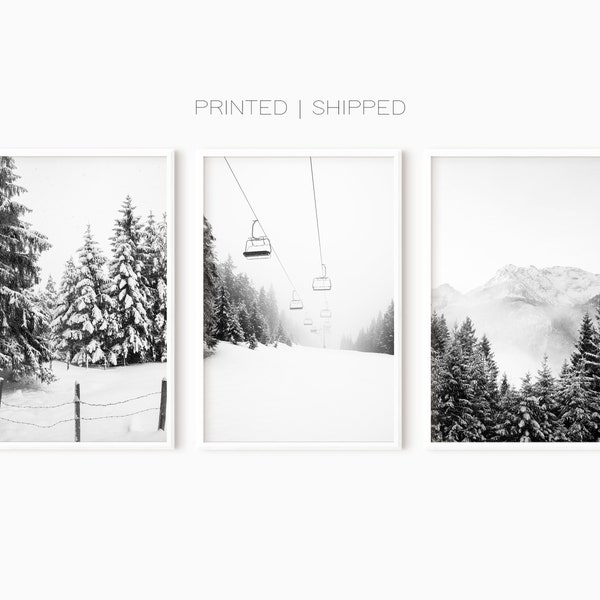 Lot de 3 affiches de ski | Affiche d'hiver | Noir et blanc | Photos de ski | Art mural forêt | Décoration murale nordique | Décoration de ski | Art du paysage de montagne