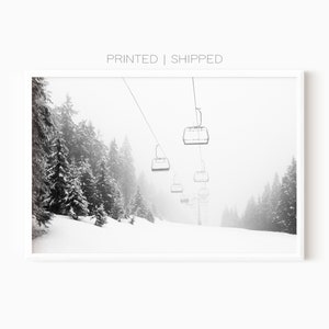 Skiliftposter | Zwart-witafdrukken | Stoeltjesliftprint | Gedrukte poster | Lodge-muurdecoratie | Skifotografie | Gratis verzending