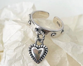 Sterling Silver Heart Dangle Charm Ring, Love Ring For Her, Silver Promise Ring, Heart Charm Ring, Open Heart Ring, Silver vintage Dangle Ring