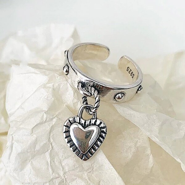 Sterling Silver Heart Dangle Charm Ring, Love Ring For Her,Silver Promise Ring,Heart Charm Ring,Open Heart Ring,Silver Vintage Dangle Ring