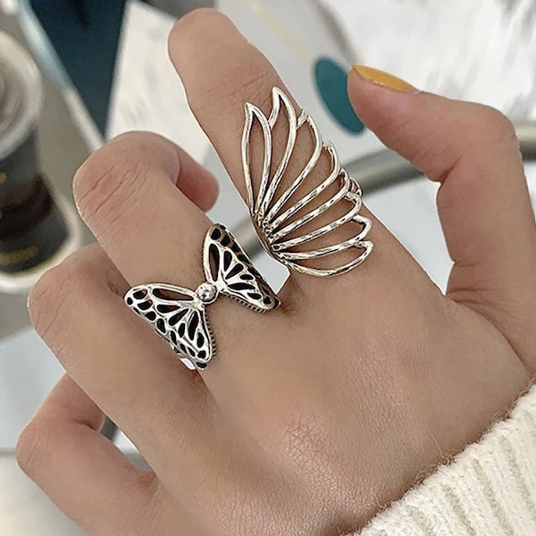 Sterling Silver Butterfly Wing Ring,Silver Wing Ring Women,Adjustable Butterfly Ring,Statement Ring,Gift For Her,Promise Ring,Wide Ring