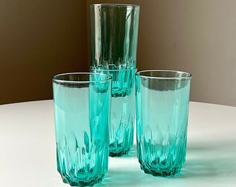 French Aquamarine Glass Tumblers with Geometric Cut Pattern