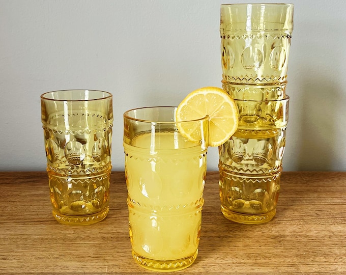 Heavy Amber Colored Drinking Glasses, Yellow Colored Glass Cups, Colony
