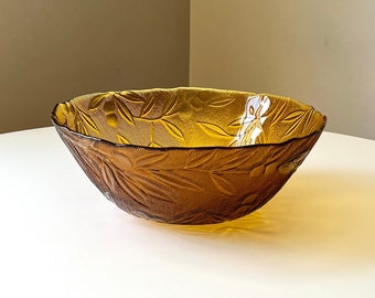 Large Amber Glass  Bowl with an Embossed Leaf Design