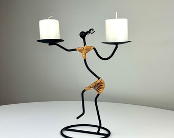 Vintage 1960s Mid Century Modern Wrought Iron Double Candle Holder Sculpture of a Woman by Laurids Lonborg (Made in Denmark)