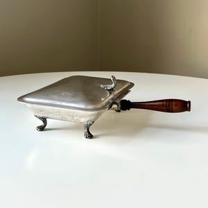 Antique 1920s Footed Silver Plated Butlers Crumb Catcher with a Wood Handle and Armorial Crest Engraving