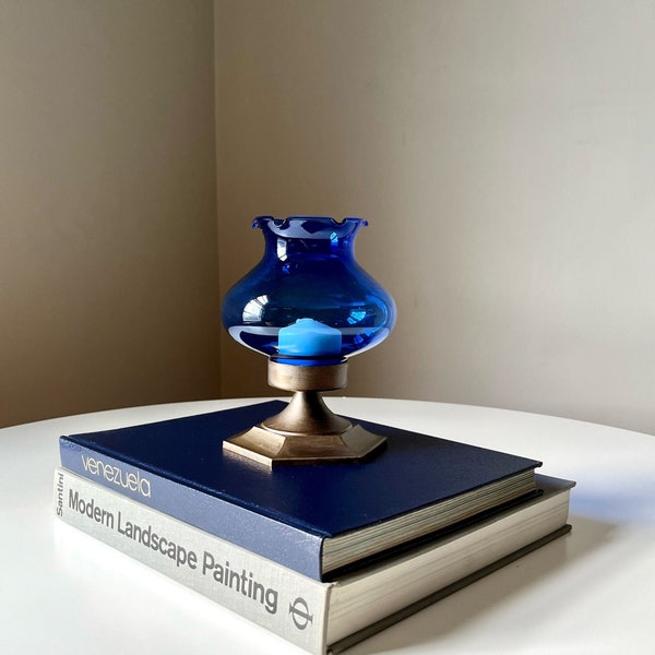 Bronze Metal Hurricane Candle Lamp with a Cobalt Blue Glass Cover