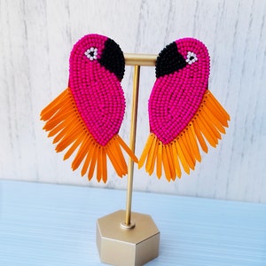 Hot Pink Parrot Beaded Fringe Earrings, birds, tropical, handmade earrings, beach style, jungle, cruise, pink