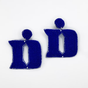 Blue D Beaded Statement Earrings, game day, tailgate fashion, blue and white, handmade earrings
