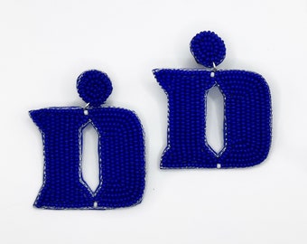 Blue &#39;D&#39; Beaded Statement Earrings: Game Day Fashion