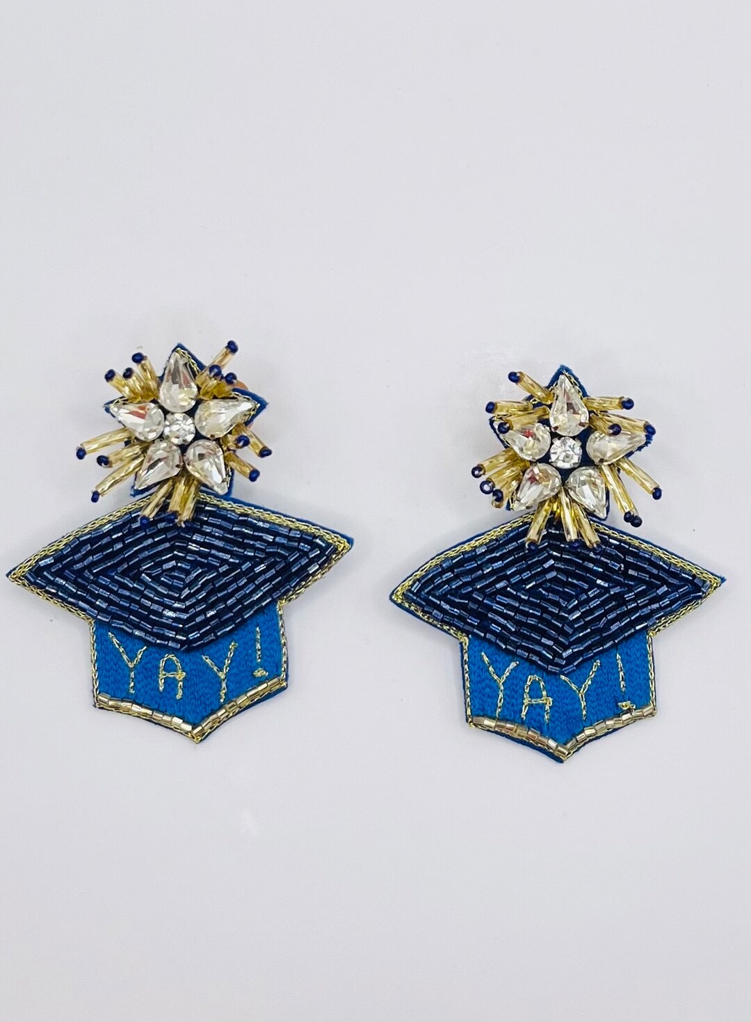 Graduation Cap Earrings Blue and Gold Beaded yay Etsy