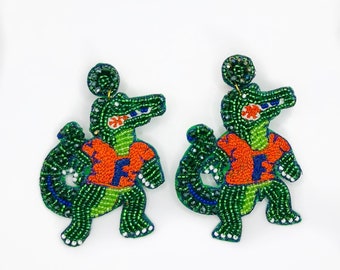 Green Gator Beaded Alligator Statement Earrings, gators, green, handmade earrings