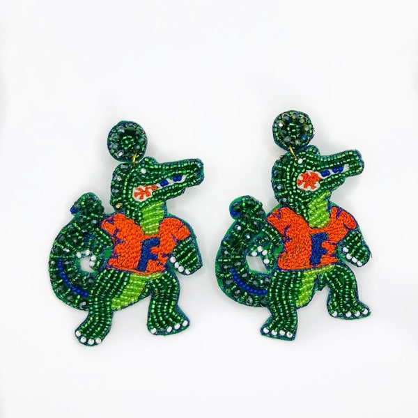 Green Gator Beaded Alligator Statement Earrings, gators, green, handmade earrings