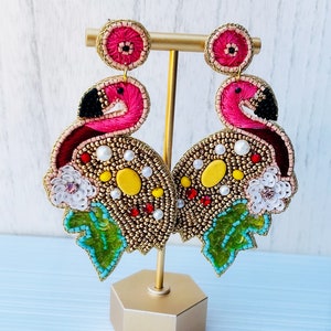 Pink Flamingo Beaded Statement Earrings, tropical, holiday, summer, cruise wear, beach, handmade earrings