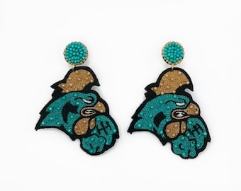 Rooster, Beaded Statement Earrings, College Football, Tailgate Fashion, Game Day, handmade earrings, teal and bronze