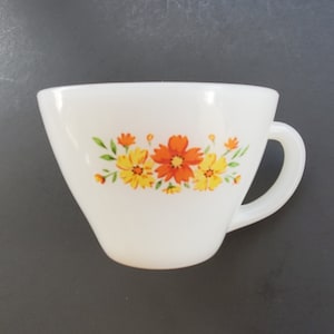 Vintage Anchor Hocking Fire King White Milk Glass Mug with Orange and Yellow Flowers