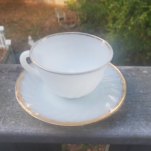 Vintage Fire King White Milk Glass Cup and Saucer with Gold Rim