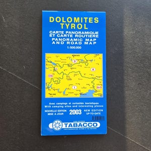 2003 Dolomieten, Tirol, Italië Panaramische kaart en wegenkaart met campings en interessante plaatsen