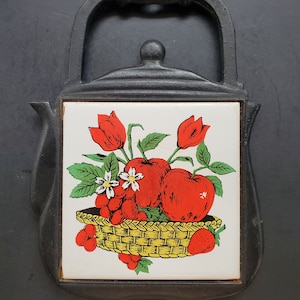 Vintage 1970's Cast Iron Teapot-Shaped Trivet with Ceramic Tile Center