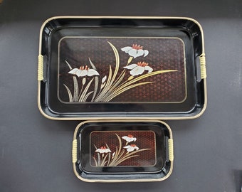 Set of 2 Mid-Century Japanese Lacquerware Floral Serving Trays