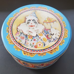 1985 Enesco 7.75&quot; Round Tin Container with Circus Theme