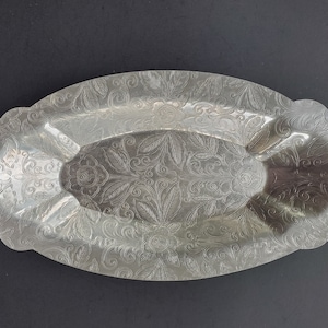 Vintage Embossed Aluminum Oval Serving Dish with Floral Design