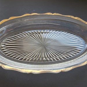 Vintage Oval Glass Dish Trimmed in Gold with Starburst Pattern on Base - 1960s